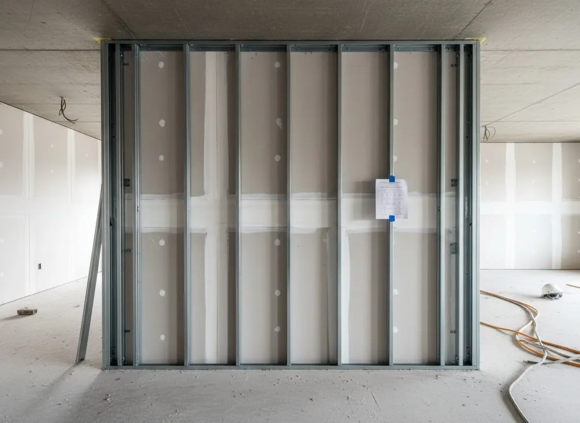 A section of rated partition with the fixings and joints left exposed for inspection, a printed assembly reference sheet taped to the stud beside it.