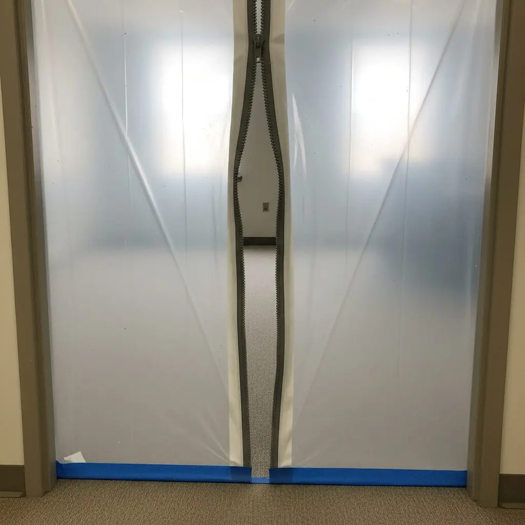 Close on a zipped dust barrier across an office doorway, the zip half undone and the taped floor edge visible below it