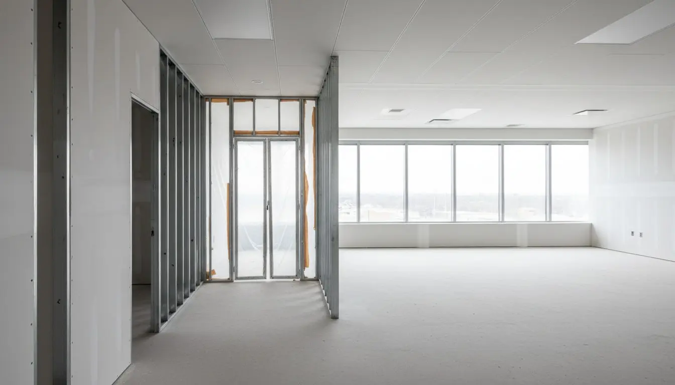 An office suite part way through a buildout, new partitions hung and taped, a temporary dust wall with a zip door closing off the end of the corridor