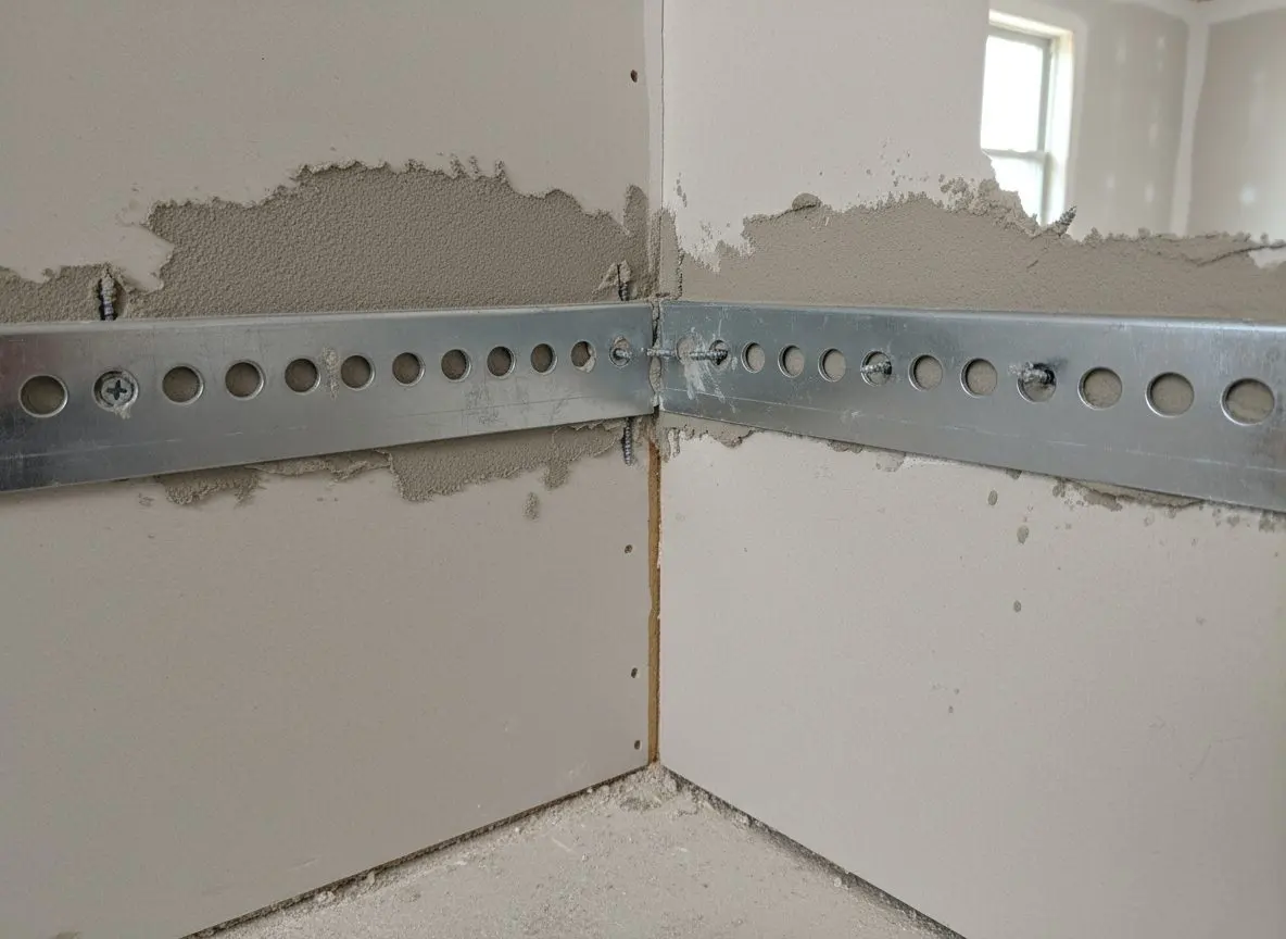 Close on a metal corner bead being set on an external angle, the perforations and the fixings visible along its length
