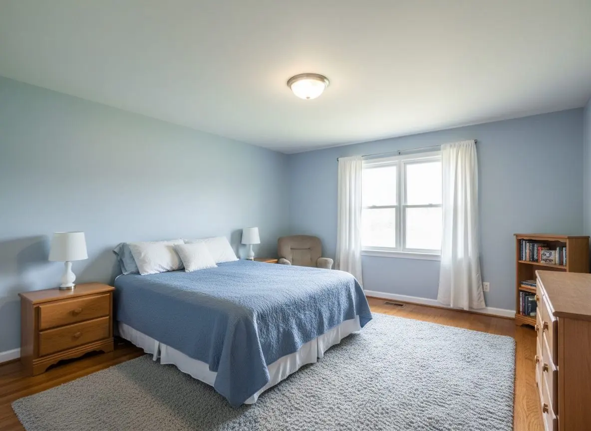 A finished, painted and furnished upstairs bedroom with the ceiling in frame, flat under daylight.