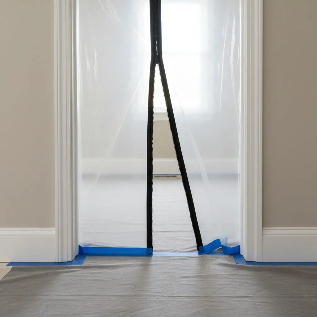 Close on a zipped plastic doorway in a house, the zip half open with a covered floor and taped edge below it and a baseboard visible beyond