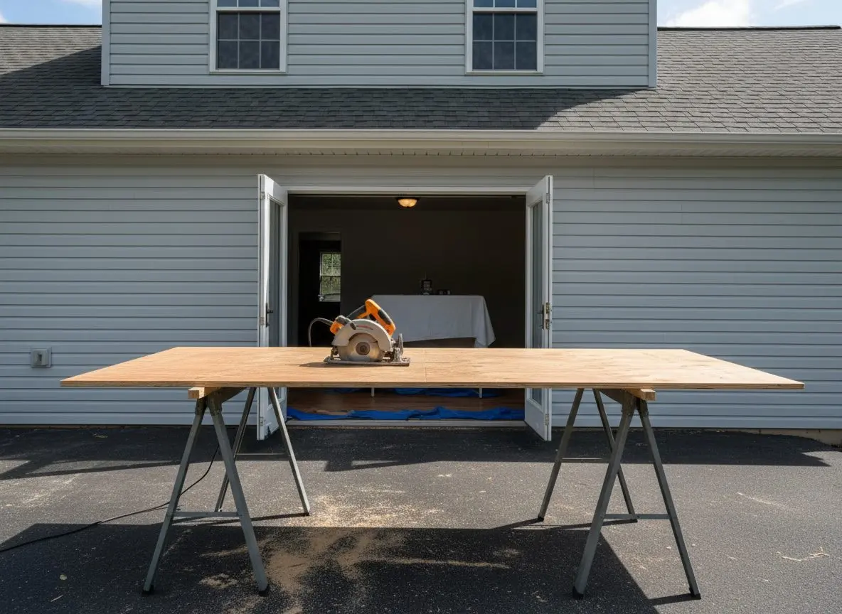 A sheet of board laid across sawhorses on a driveway, mid cut, with an open window and covered floor visible in the house behind it