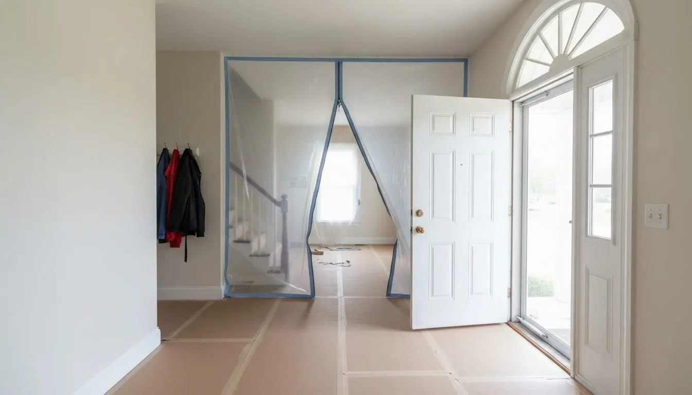 A hallway in an occupied house with a zipped plastic doorway closing off one room, floors covered with taped board along the route