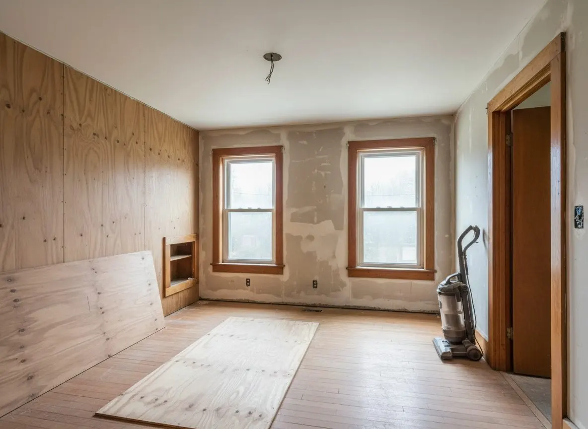 A partly hung bedroom at the end of a working day, the floor swept clear of scrap and a vacuum standing just inside the doorway
