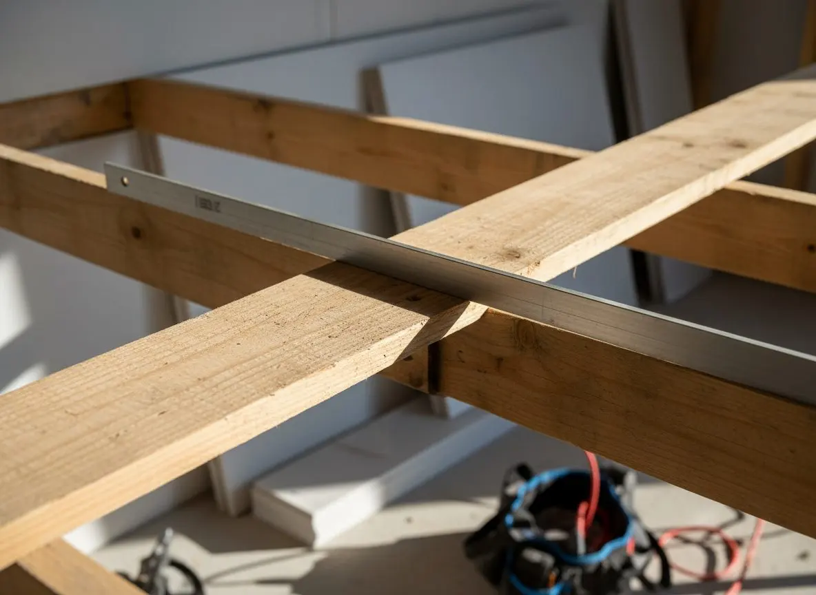 Close on a length of strapping fixed across the underside of two joists, a straightedge held along it to show the plane