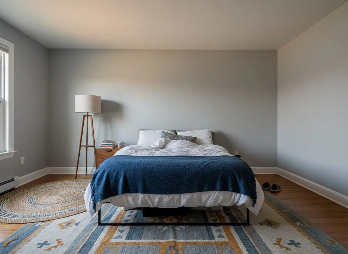 A furnished bedroom in daily use, bed, lamp and rug in place, a flat white ceiling above with low winter sun crossing it and showing nothing at all