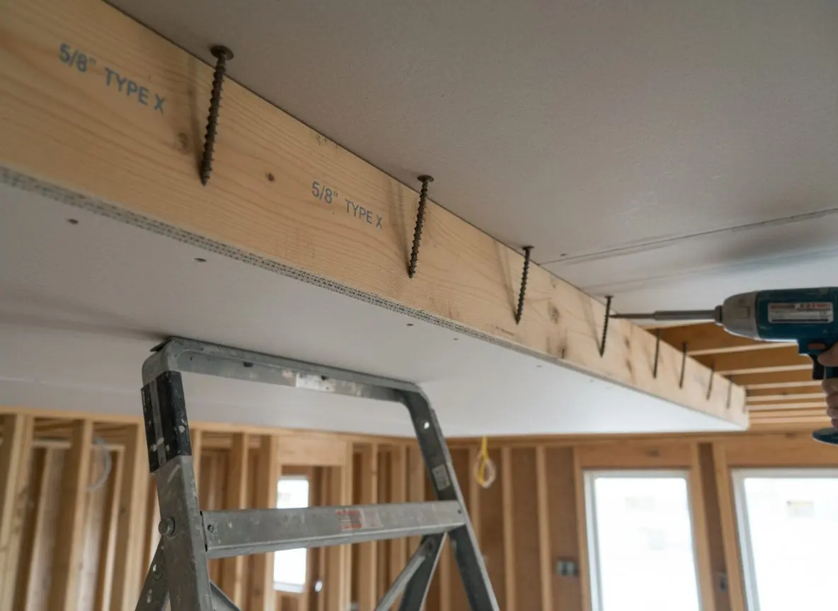 Close on a five-eighths sheet held tight to the joists on a panel lift, screws going in along a joist line