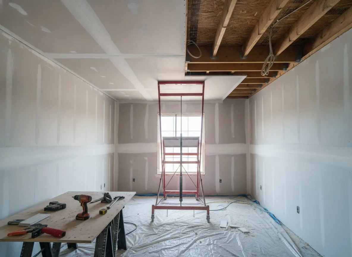 A room mid-job with half the ceiling hung, fresh sheets overhead on the near side and open joists beyond, a panel lift standing under the run