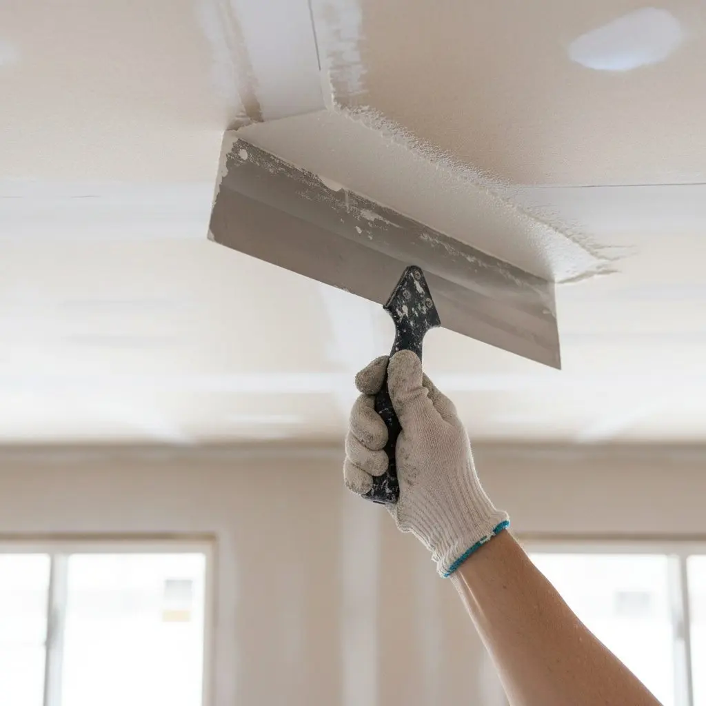 Close on a gloved hand running a wide blade across a ceiling joint overhead, wet compound bright against the board and the edge feathering away