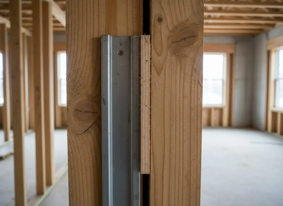 Close on a straightedge held against a stud, a thin furring strip tacked beside it to bring the face into plane