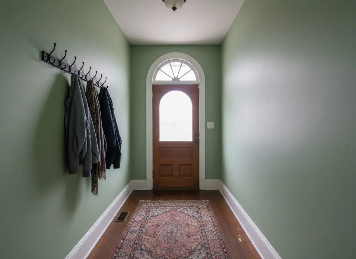 A finished, lived-in hallway in an older house, walls painted one color with nothing visible on them, coat hooks and a runner in place