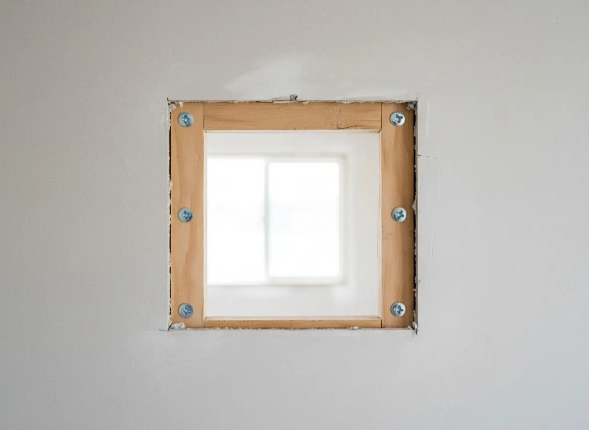 Close on a length of plywood backing set behind a cut opening in a wall, screwed through the board face on both sides, the hole square and the edges clean
