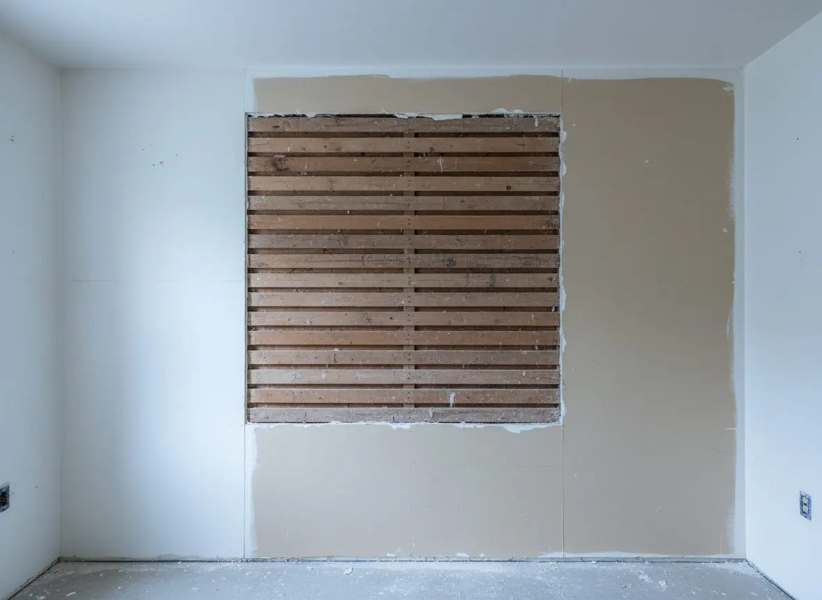 A ceiling with a section of plaster removed and the wood lath exposed behind it, the surrounding plaster still sound and cut back to a clean square edge