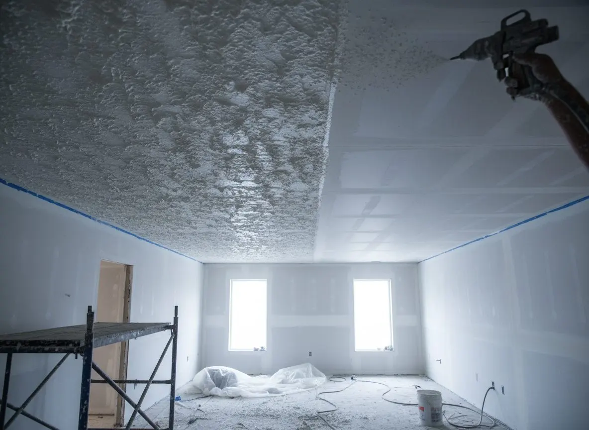 A ceiling being sprayed with knockdown texture from a hopper gun, the fresh pattern visible on the near half and the flatter untouched surface beyond it