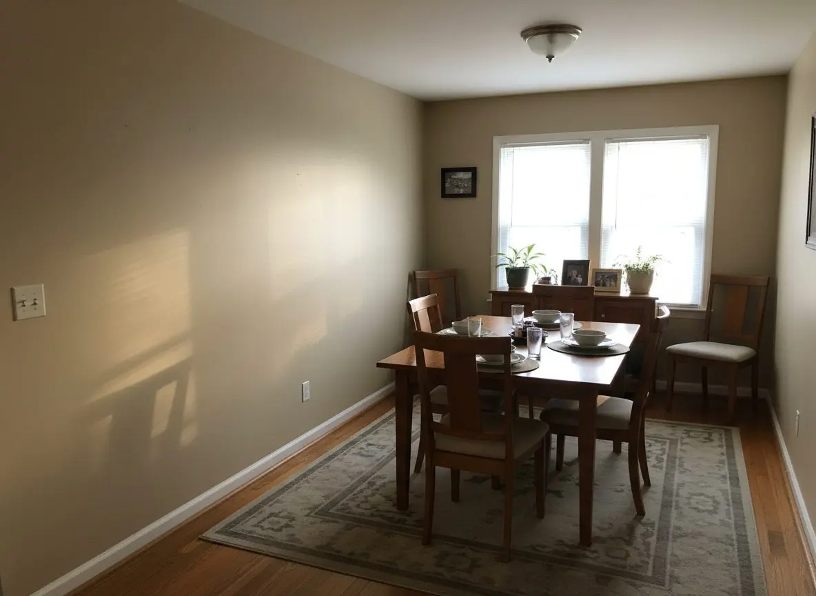 A furnished dining room in daily use, table and chairs in place, one long flat painted wall with afternoon daylight raking across it showing nothing at all