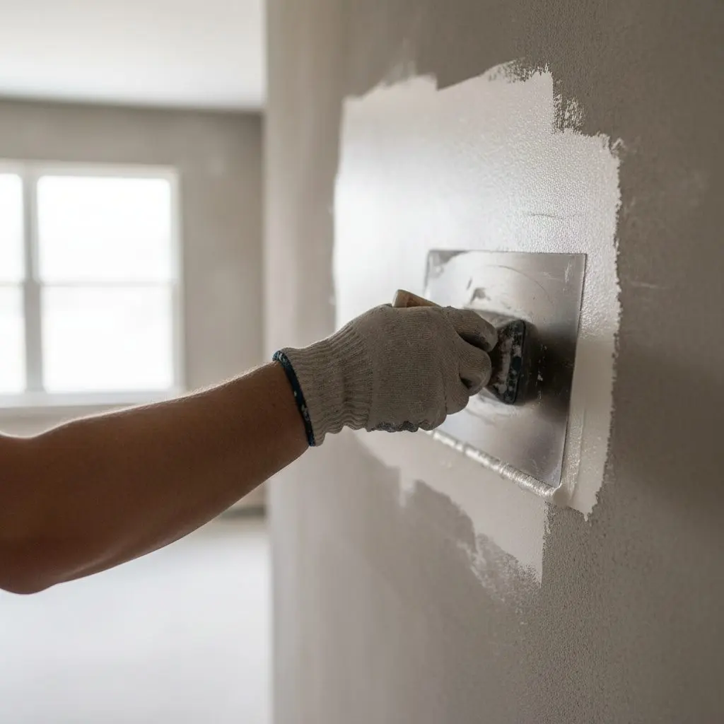 Close on a wide trowel drawing a skim coat across a wall, the wet compound bright and the edge feathering away