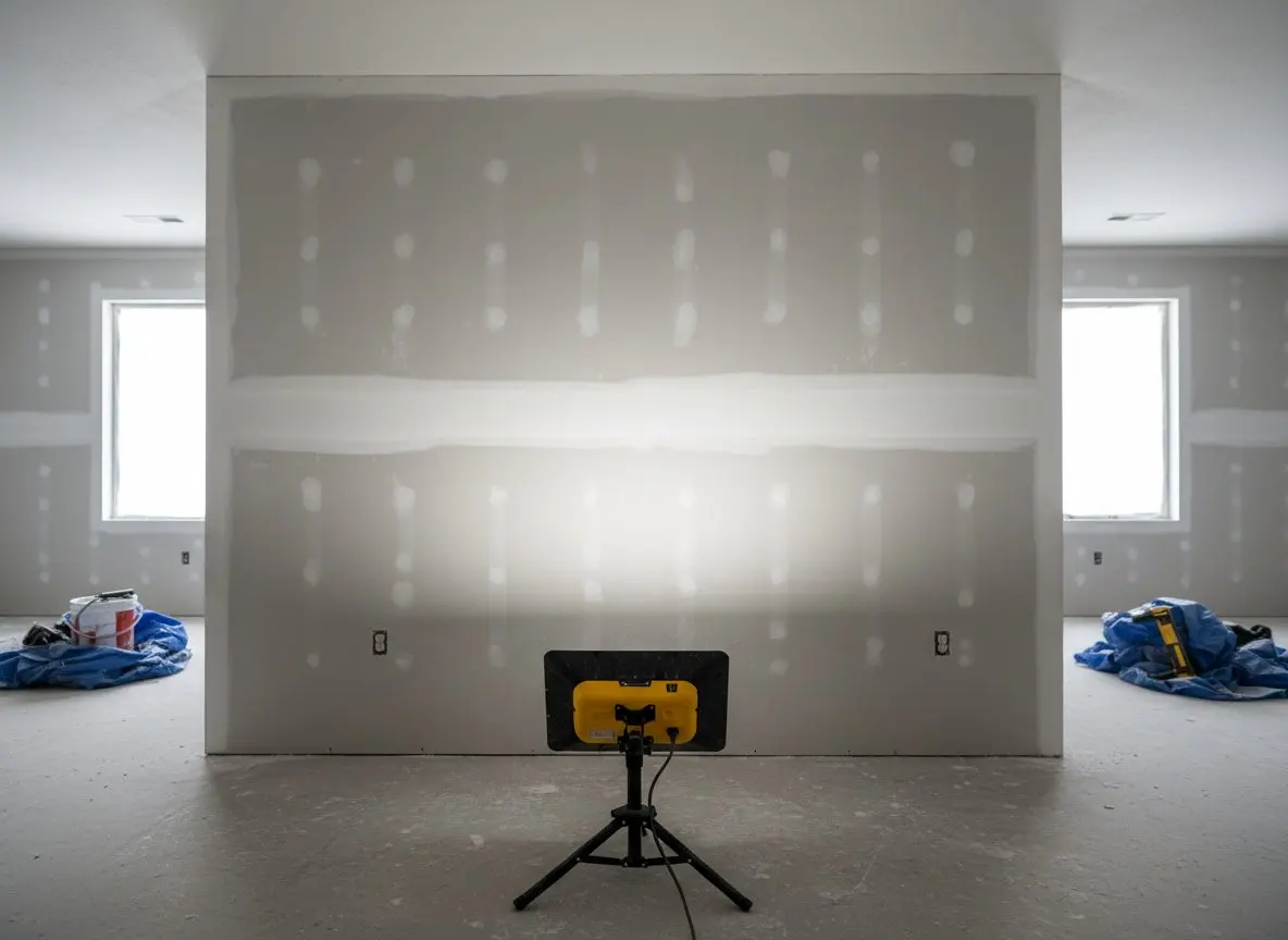 Close on a work light standing on the floor and throwing light flat along a finished wall