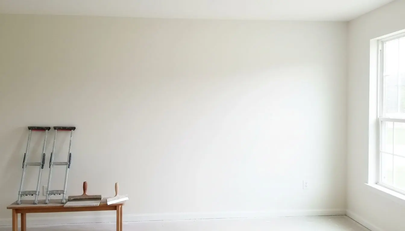 A large open living room wall freshly skimmed and primed, dead flat and pale, a tall window on the right filling the room with daylight