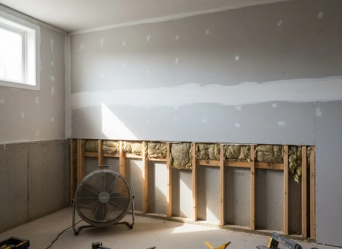 A basement wall with the board cut off in a straight horizontal line partway up, open studs and cavity below it and sound painted wall above
