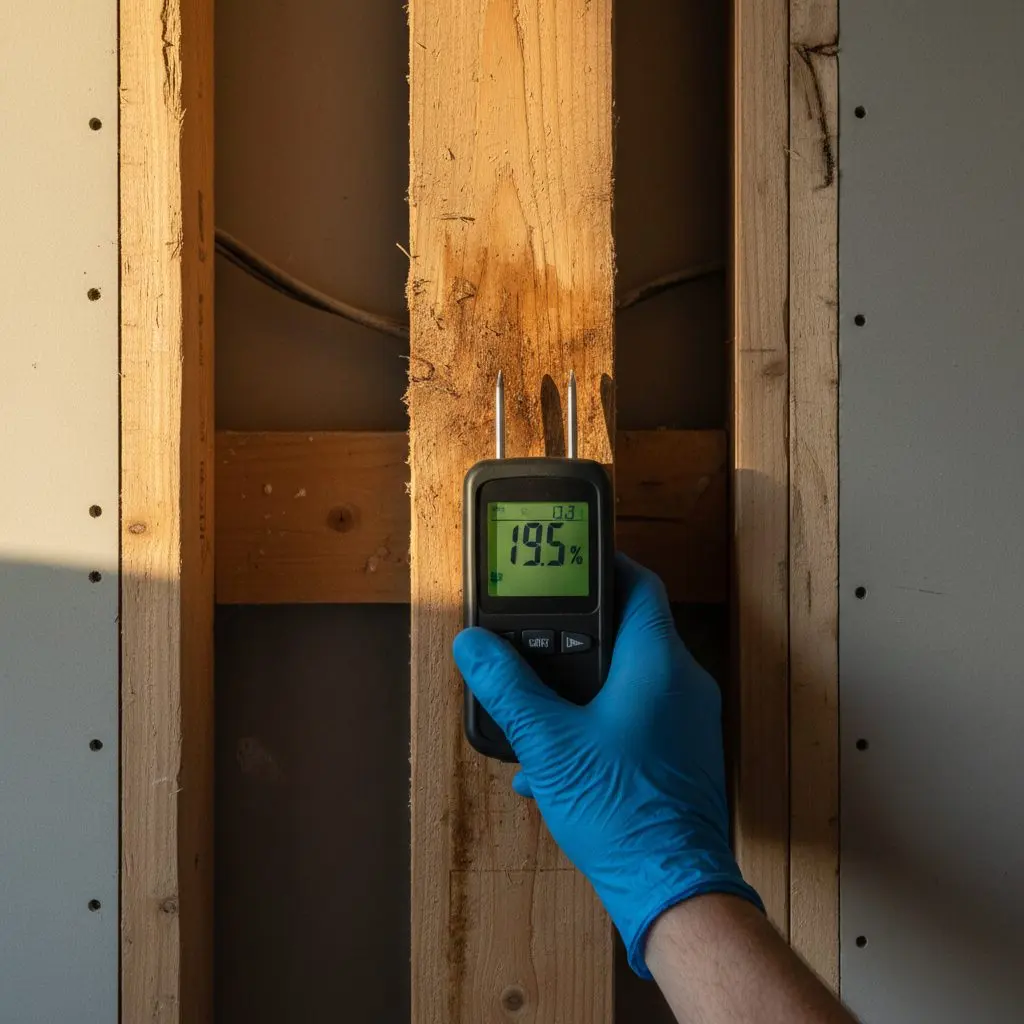 Close on a pin moisture meter pressed into the face of a stud in an open wall cavity, the reading lit on the display and damp timber around it