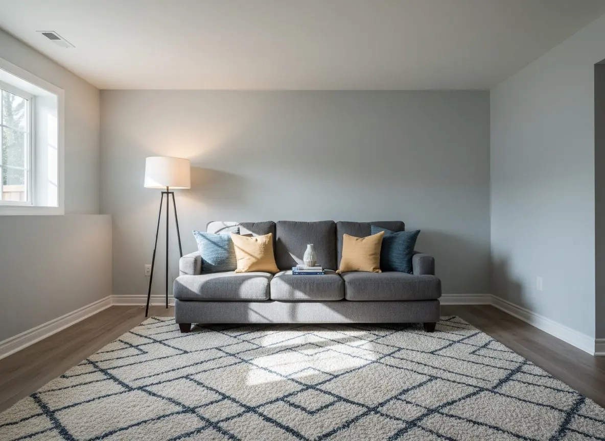 A finished basement family room back in use, sofa, lamp and rug in place, painted walls and baseboard with nothing marking them