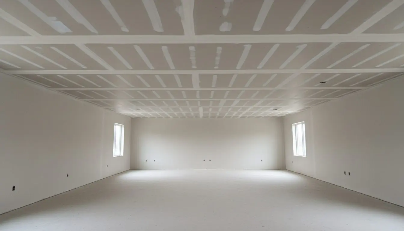 A large ceiling hung out overhead, flat and continuous across the whole span, screw lines catching faintly